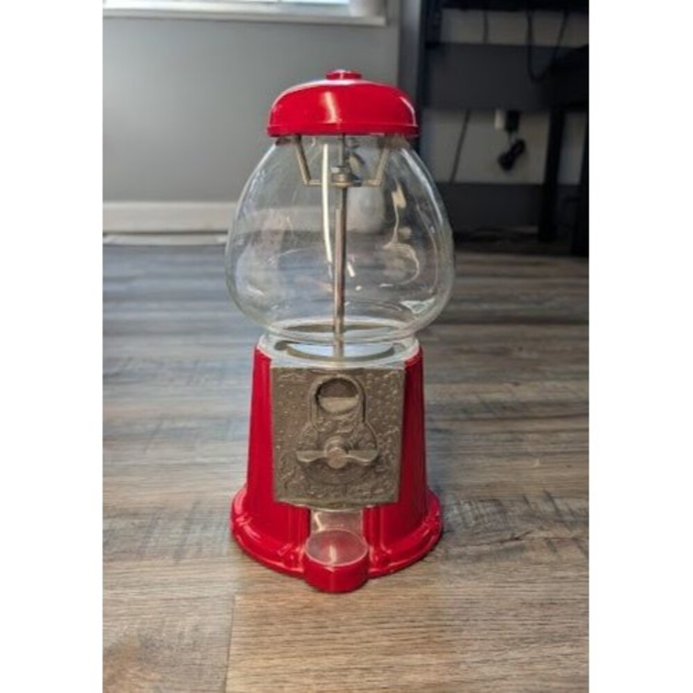 Vintage 1985 Carousel Red Cast Metal Glass Gumball Machine CLEAN 11.5”
